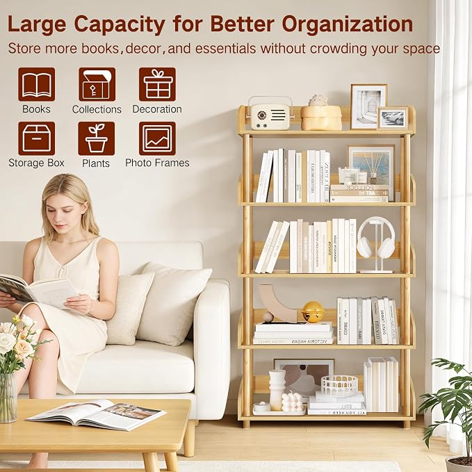 5-Tier Wooden Bookshelf, Modern Open Bookcase - Image 5