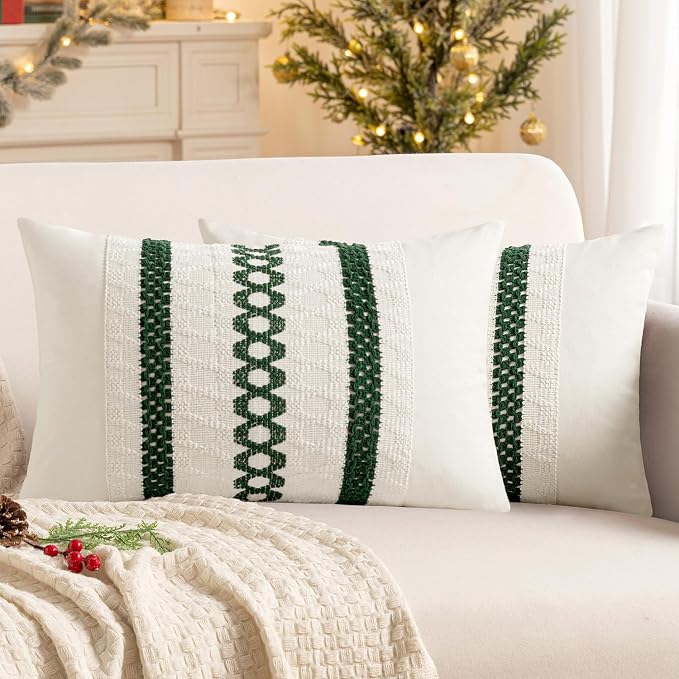 MIULEE Set of 2 Dark Green Boho Decorative Lumbar Pillow Covers 12x20 Inch | by MIULEE