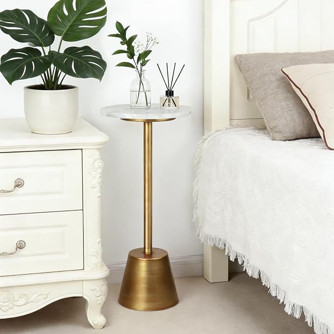 White Marble Pedestal Side Table, Round Accent End Table - Image 8