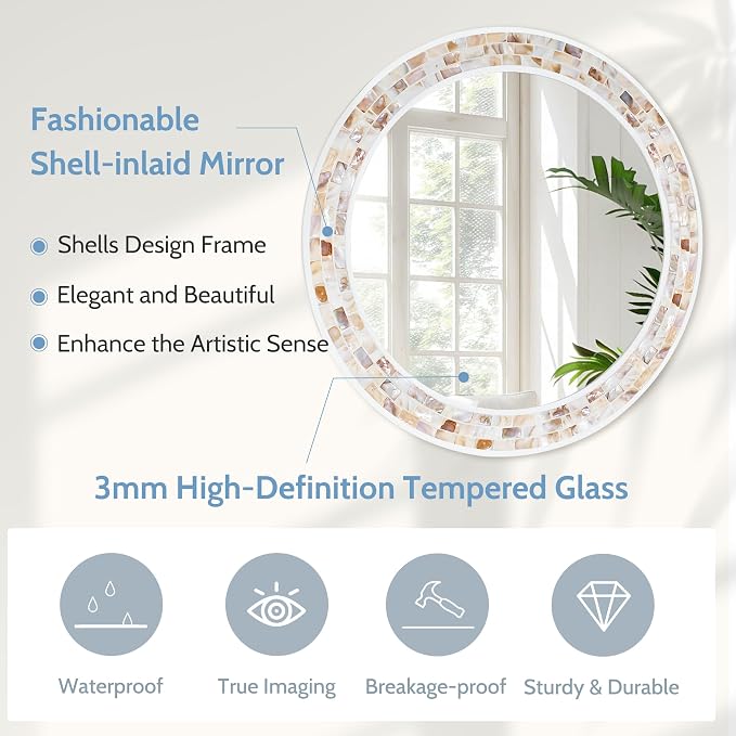 Tanmicoshomy Round Wall Mirror 30 Inch, Natural Brown Shell Framed Circle - Image 2