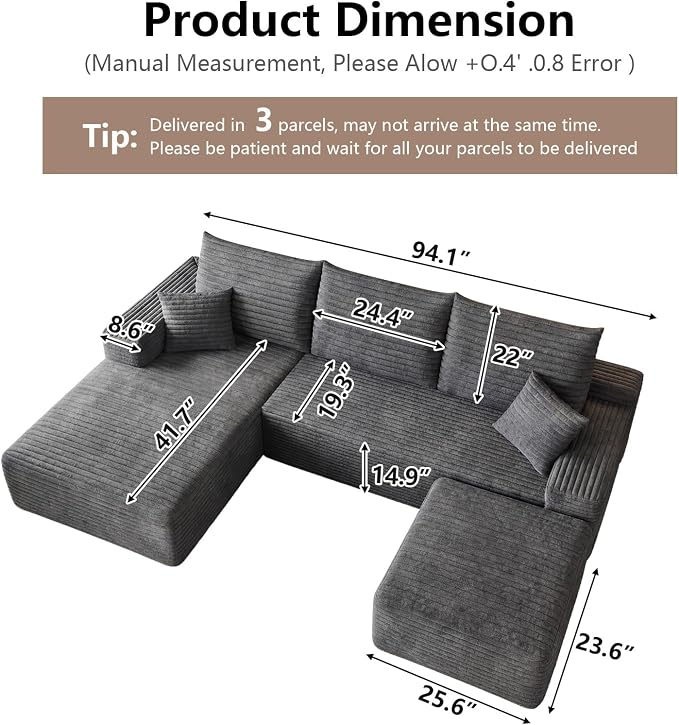 95" Cloud Sectional Couch U-Shaped Chaise - Image 2