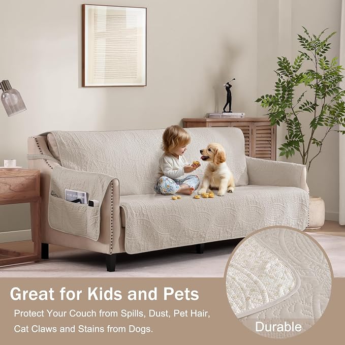 Beige Recliner Chair Covers, Quilted Décor Water-Repellent Medium Lazy Boy - Image 8