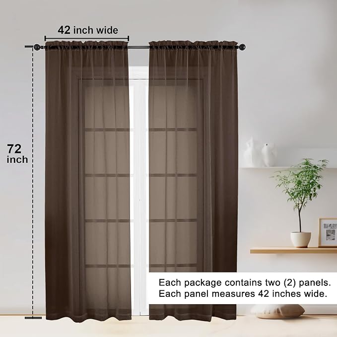 Sheer Curtains 72 Inches Long 2 Panels Set, Light Filtering Sheer Curtain Rod - Image 2