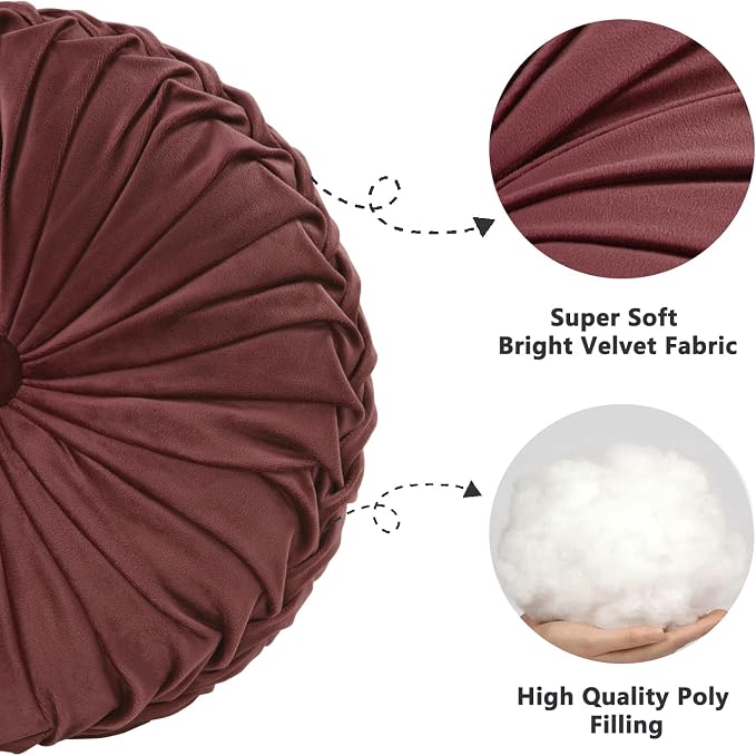 HIG Set of 2 Dusty Rose Velvet Decorative Round Pleated Throw Pillows | Vintage - Image 2