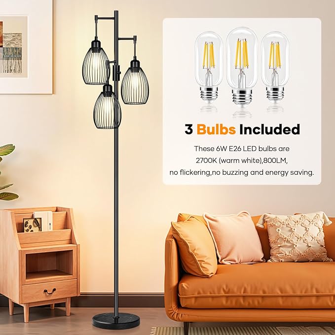 Dimmable Floor Lamp, 3x800LM LED Bulbs Included, Farmhouse Industrial Floor - Image 4