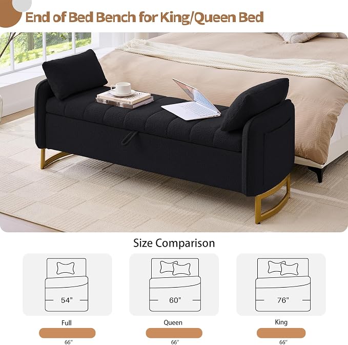 66" End of Bed Bench King Size, Teddy Boucle Storage Bench - Image 6