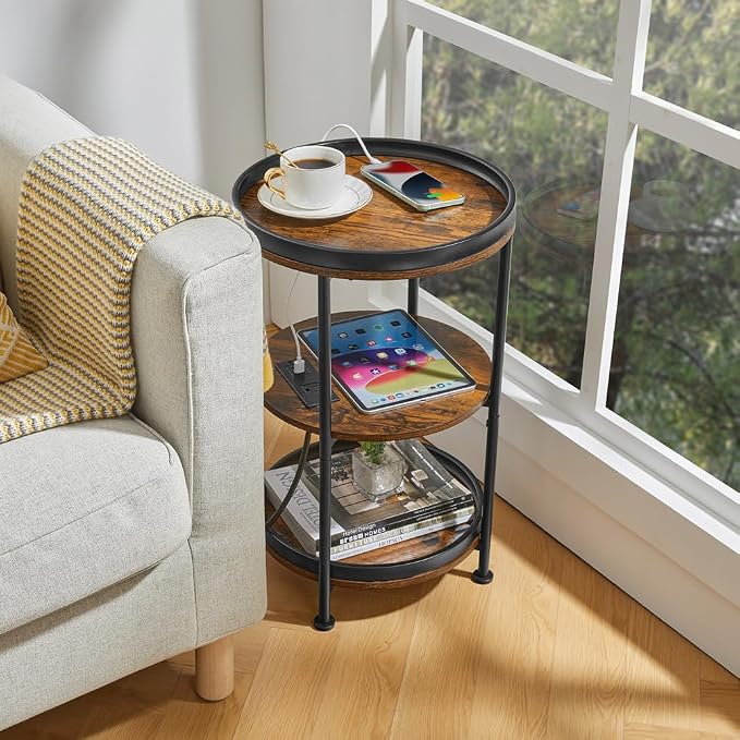 Dulcii Round Side Table with Charging Station, End Table with 3 Shelves - Image 7
