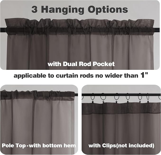 Chyhomenyc Sheer Curtains 63 Inch Length 2 Panels, Chocolate | Light Filtering - Image 2