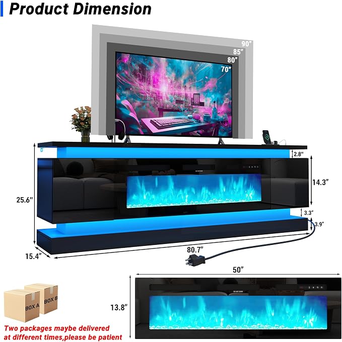 chartustriable 81IN LED TV Stands w/50 inch Fireplace Power Outlet - Image 6