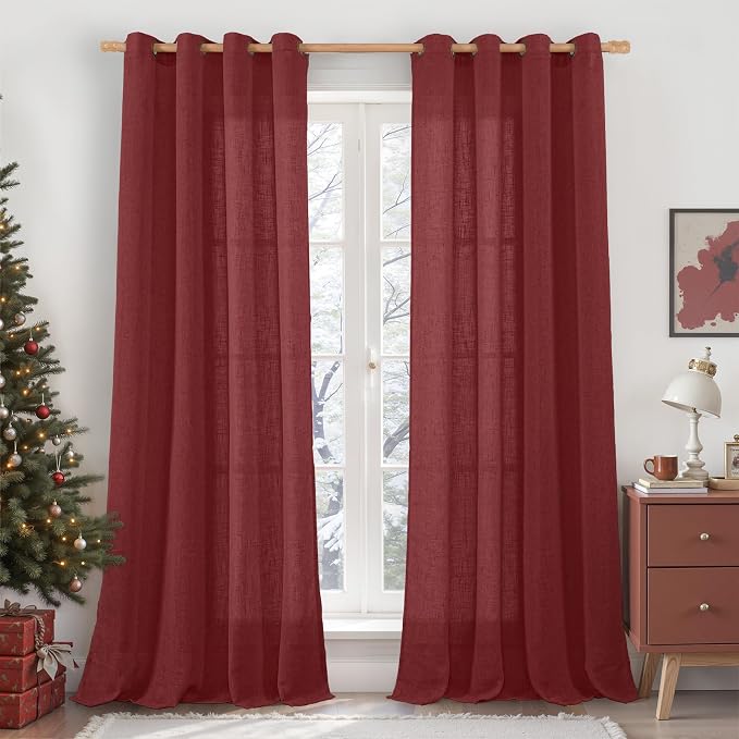 95 inch Linen Curtains for Living Room, Burgundy Red Bronze Grommet Christmas by LAMIT