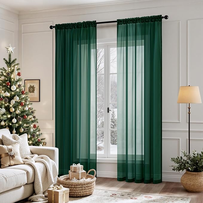 MIULEE Hunter Green Sheer Curtains 54 X 84 Inches, 2 Panels | Solid Color - Image 2