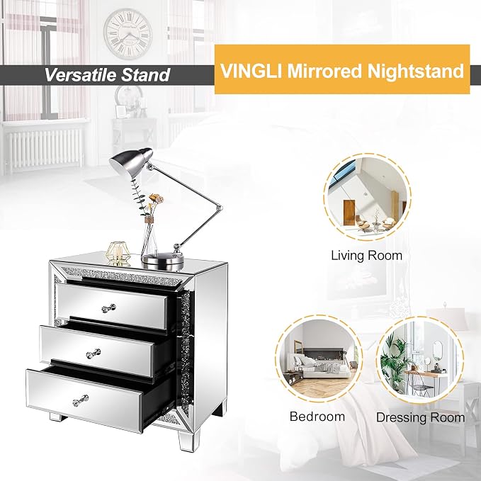 VINGLI Mirrored Nightstands Set of 2, Modern Bedside Table 3 Drawer Glass Side - Image 8