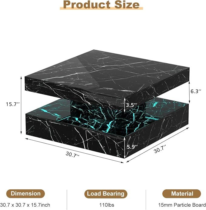 HedoAjim Black Marble LED Coffee Table - Image 2