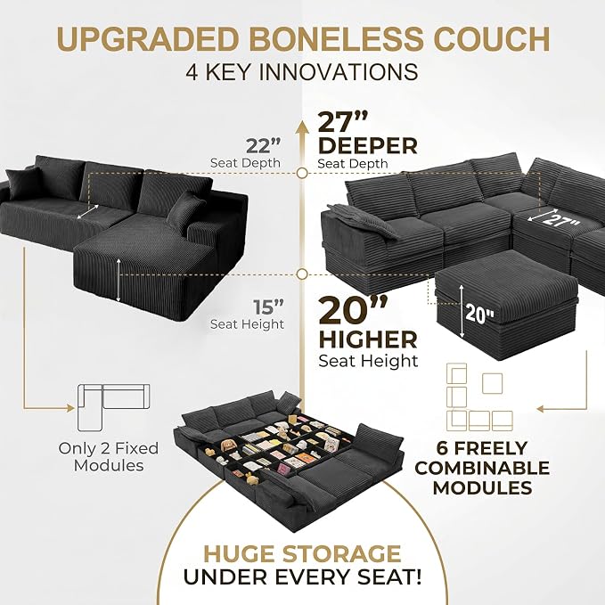 Upgrade Boneless Couch with Storage, Extra Deep&High Seat Modular Sectional - Image 6