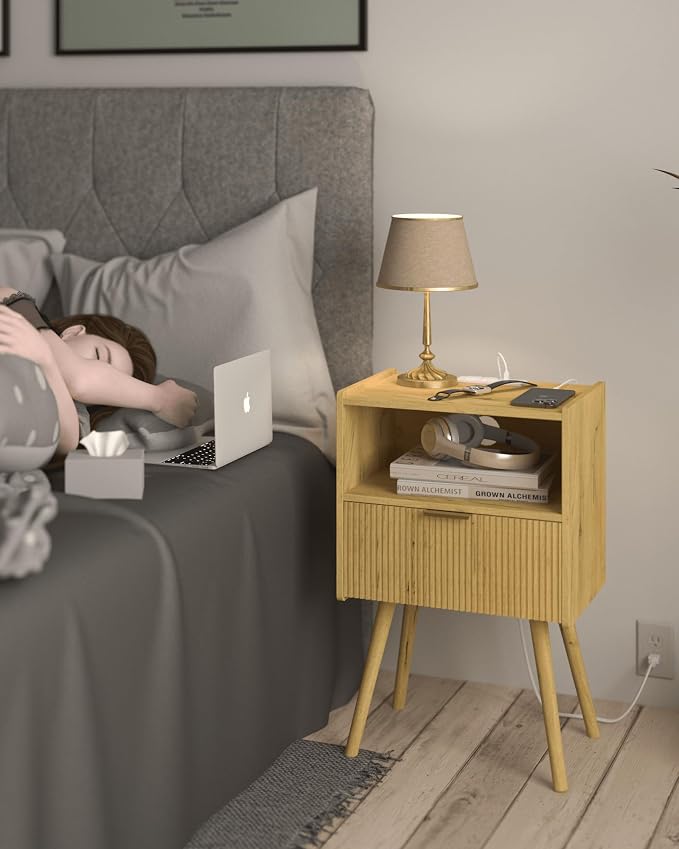 JOONEE Nightstand with Outlet, Modern Bedside Table with Storage Drawer and - Image 6