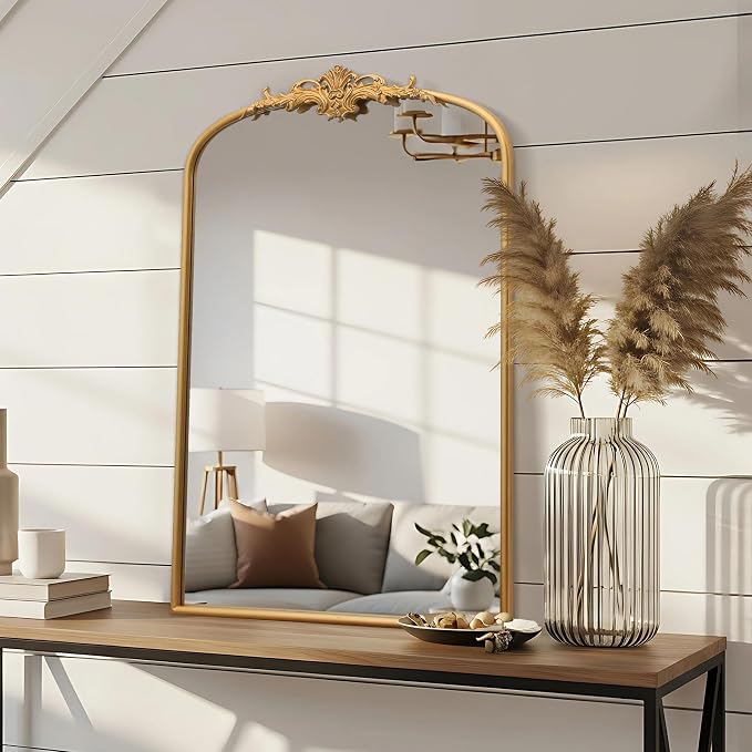 Besdomus Antique Arched Wall Mirror: 24"x36" French Large Arch Gleaming Gold - Image 3