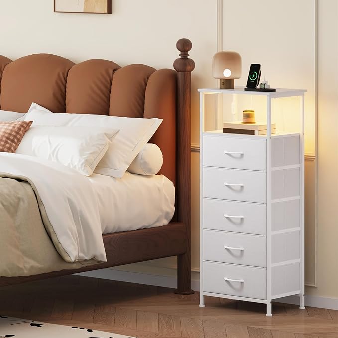Somdot White Nightstand with Charging Station and LED Light - Image 2