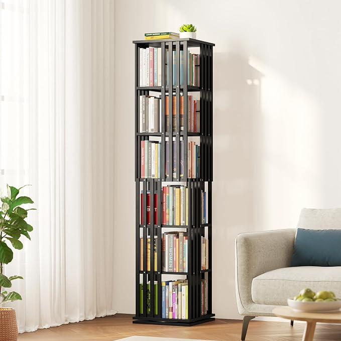 SpaceAid 6 Tier Rotating Bookshelf Tower, Bamboo Spinning Book Shelf, Revolving by SpaceAid