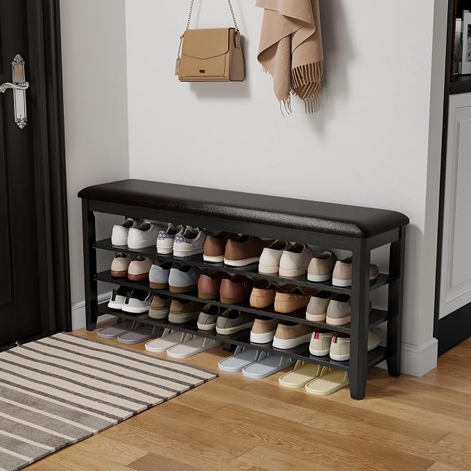 AQIMUELE Shoe Bench with Leather Cushion, 3 Tiers Shoe Storage Bench Height by AQIMUELE
