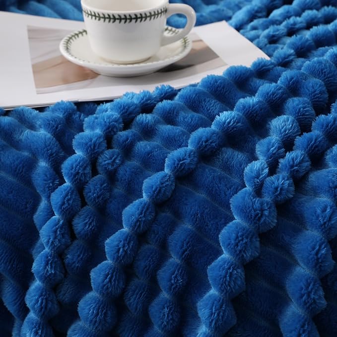 Classic Blue Throw Blanket for Couch Sofa 50"x60" Striped Design | Fleece - Image 3