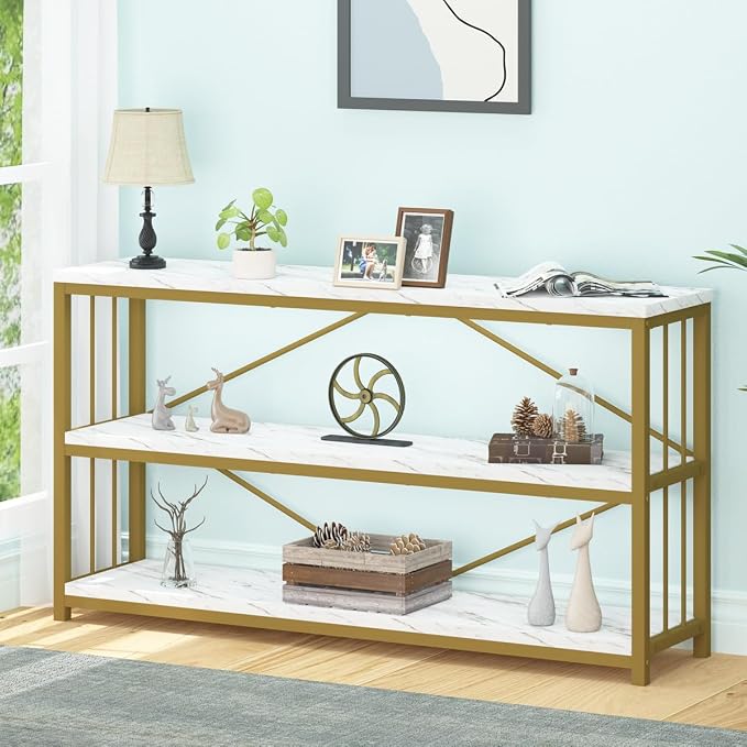 LVB White 3 Tier Console Table, Modern Faux Marble Gold Sofa Entryway Table - Image 3