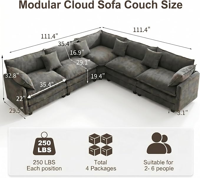 111.4" V-Shaped Corner Couch Sectional｜5 Seat Customizable Modular Cloud - Image 2