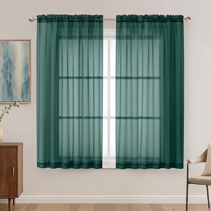 Hunter Green Sheer Curtains 63 Inches Long 2 Panels Set, Light Filtering Sheer by OVZME