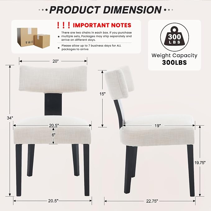 HNY Mid Century Modern Farmhouse Dining Chairs Set of 6, Linen Upholstered - Image 2