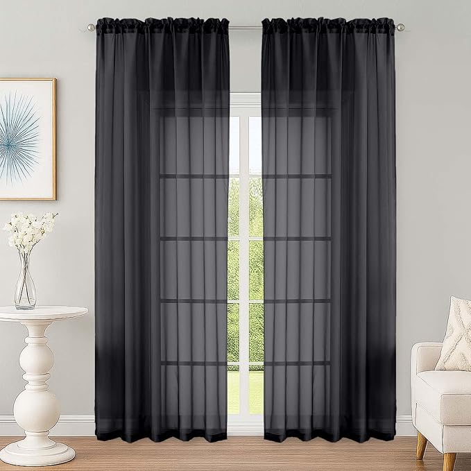 Black Sheer Curtain 90 Inches Long 2 Panels Set, Solid Filmy Drapes by OWENIE
