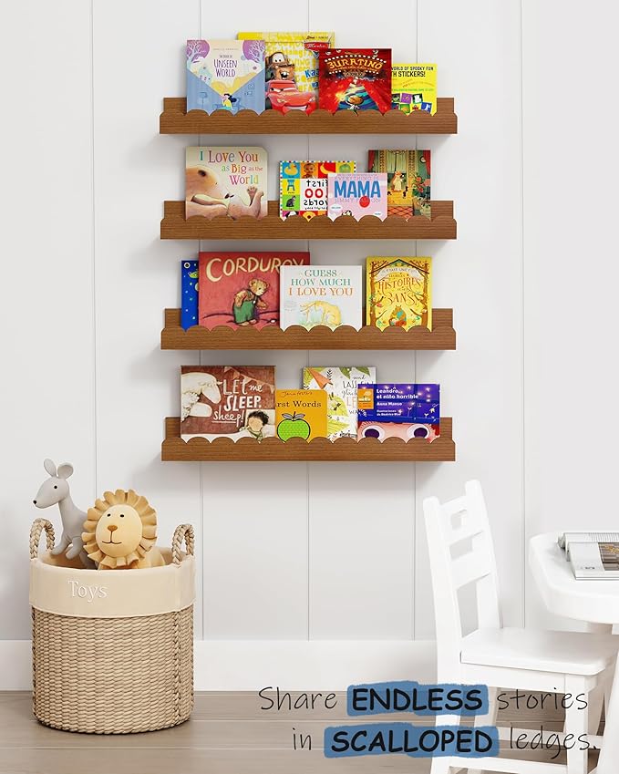 Harwaya Walnut Nursery Book Shelves Wall Set of 4, Dark Wood Scalloped Floating - Image 3