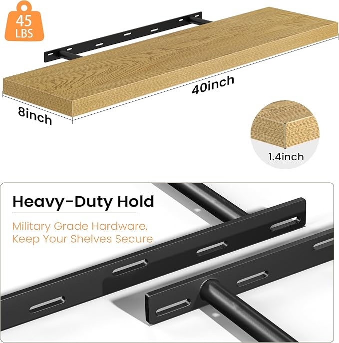 Fun Memories Floating Shelves for Wall, 40 Inch Long Set of 2 Rustic Wood Wall - Image 4