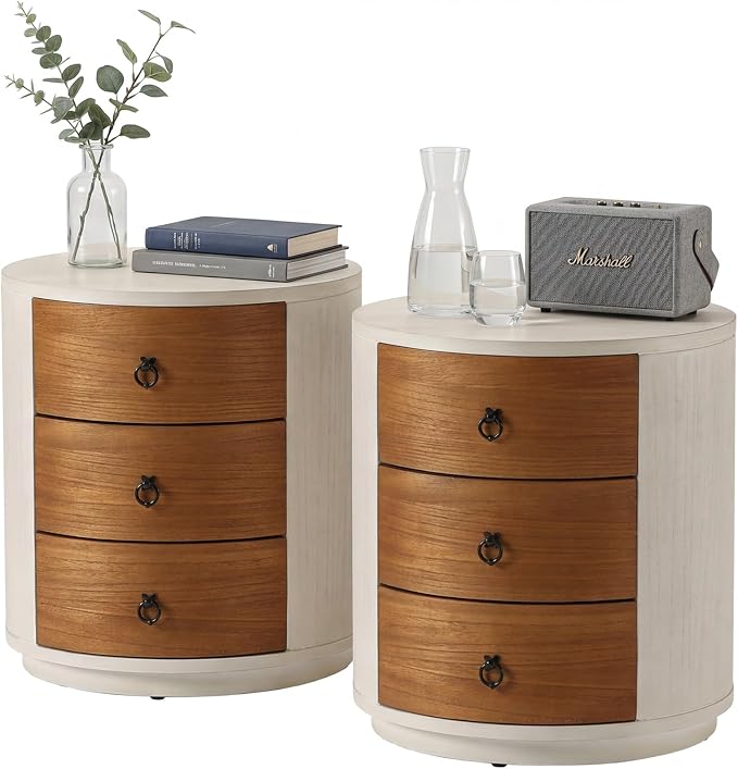 HOMPUS Round 3 Drawer Nightstand Set 2, Farmhouse Chest of Drawers, No Assemble by HOMPUS