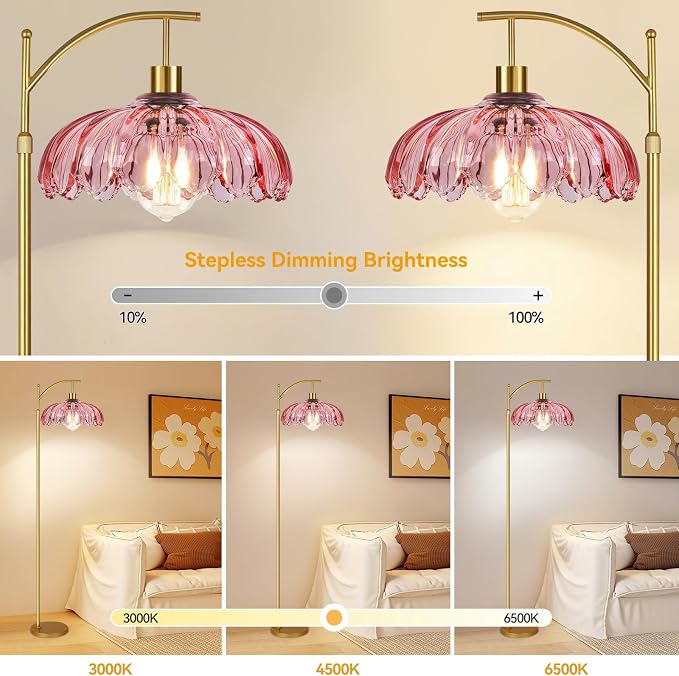 QIYIZM Pink Floor Lamp for Living Room, Mid Century Modern Brass Tall Lamp Boho - Image 2
