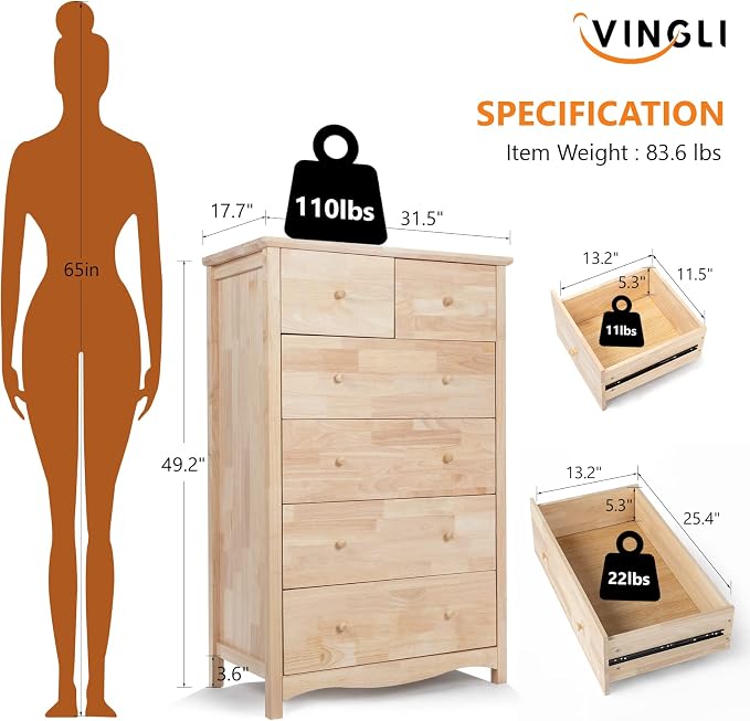 VINGLI Unfinished Natural Solid Wood 6 Drawer Dresser - Image 3