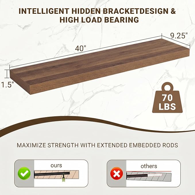 Acovy 40 Inch Floating Shelves, 3D Textured Wood Grain, Wooden Shelves - Image 3