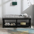 Farmhouse Storage Bench Wooden Entryway Linen Upholstered Ottoman Button Tufted by Janoray