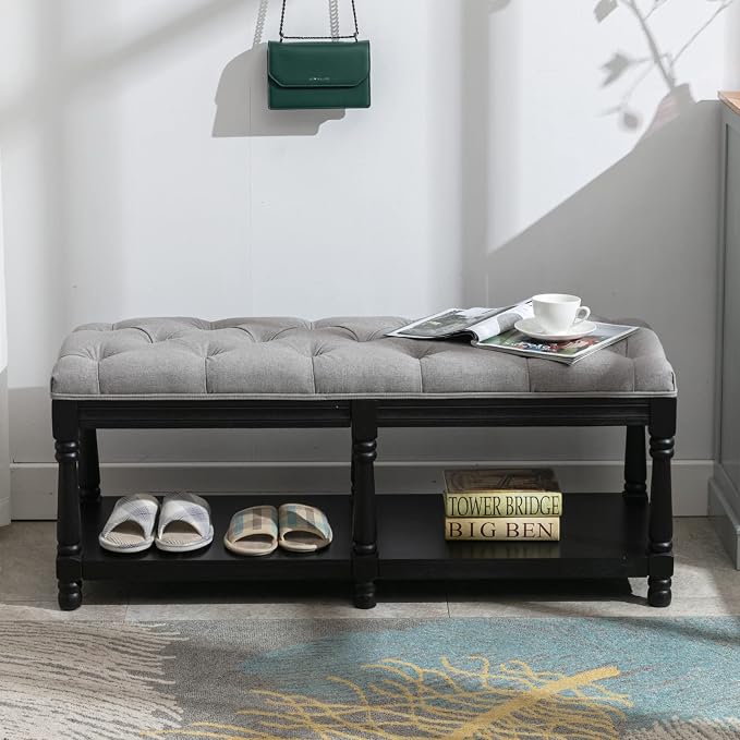 Farmhouse Storage Bench Wooden Entryway Linen Upholstered Ottoman Button Tufted by Janoray