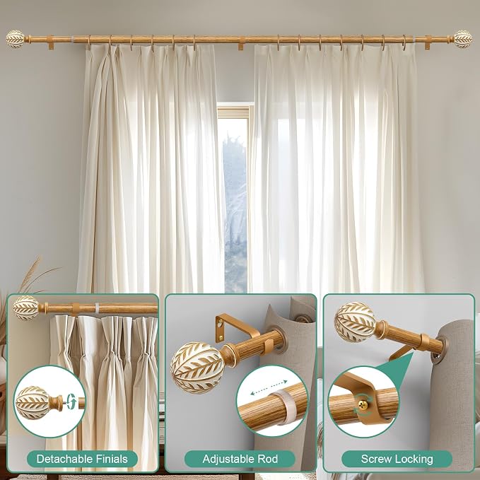 QDWIS Boho Wood Curtain Rods for Windows 48 to 84 inch, Rustic Decorative - Image 9