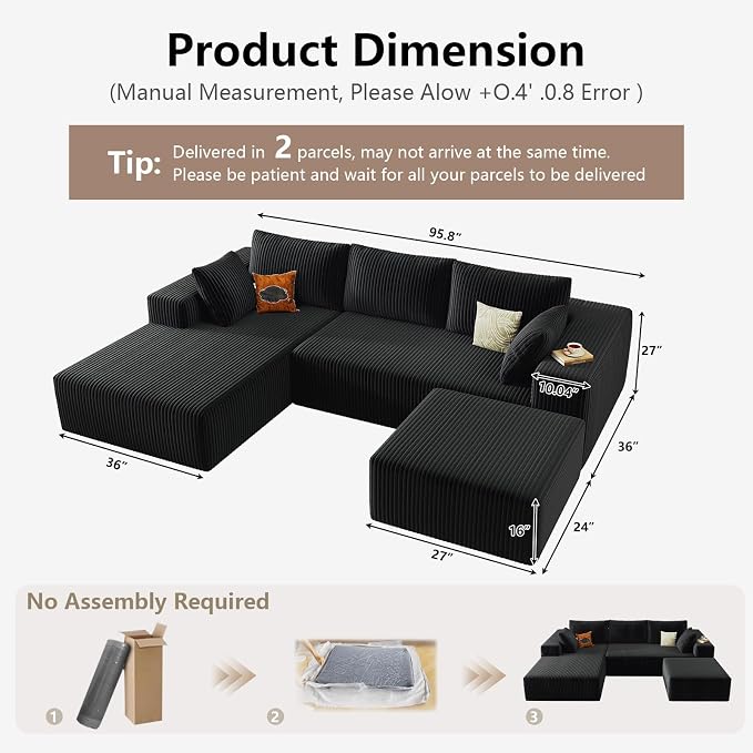 95" Cloud Sectional Couch U-Shaped Chaise - Image 2