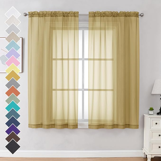 Gold Sheer Curtains 63 Inches Long 2 Panels by OVZME