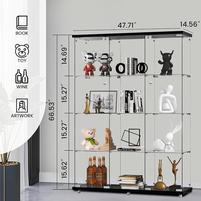 Display Cabinet with Glass Door and Lock, 4-Tier 3-Column Curio Cabinets with - Image 2