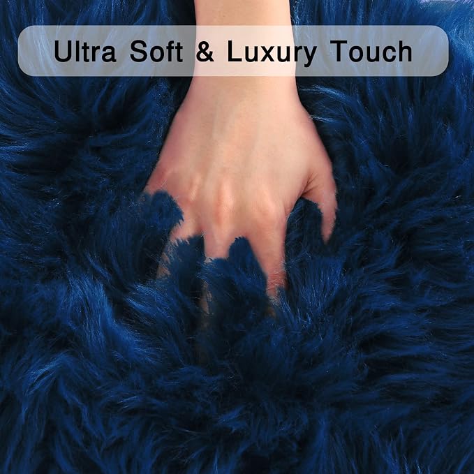 duduta Navy Blue Faux Sheepskin Runner Rugs 2x6 ft, Fluffy Fur Couch Covers | - Image 4