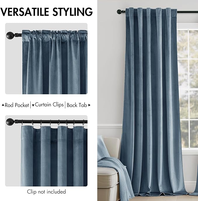 MIULEE Velvet Curtains 52x90 inches 2 Panels Stone Blue Blackout Curtains | - Image 2