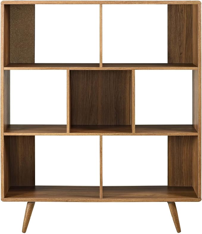 Modway Transmit Mid-Century Offset Cube Wood 7 tier Bookcase in Walnut - Image 4
