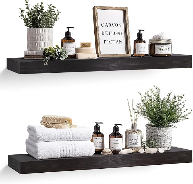 36x8x1.6 inch Floating Shelves Set of 2 – Solid Wood Rustic Black Wall Mounted by YLYHSST