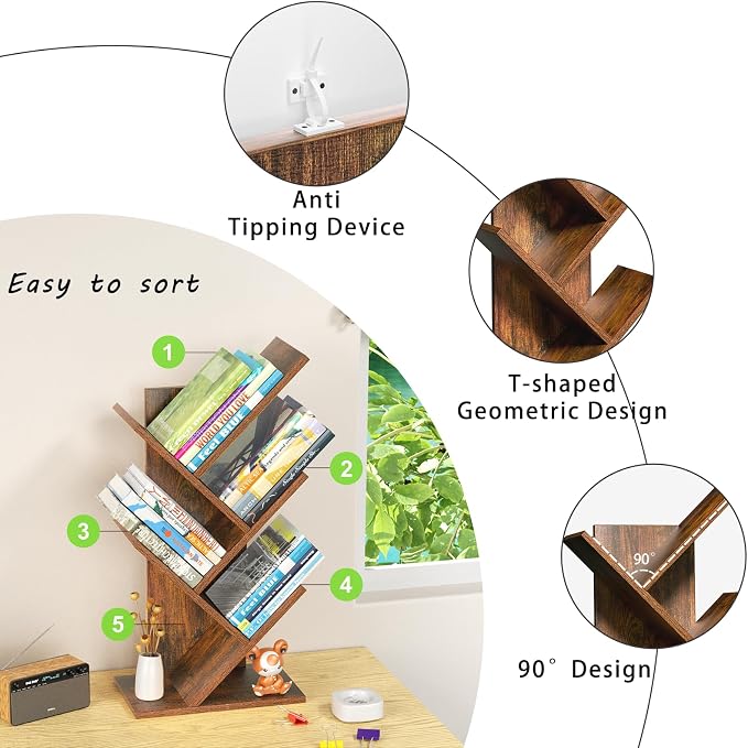 SHEEPAM 5 Tier Tree Book Shelf, Small Desktop Bookshelf - Image 6