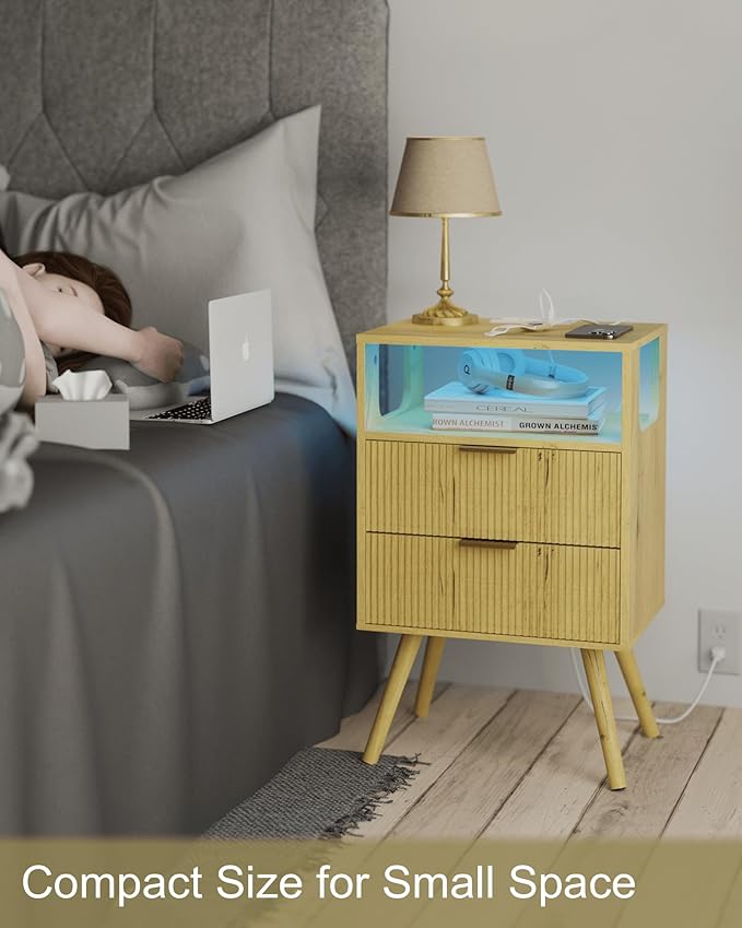 JOONEE Nightstand with Charging Station and LED Lights, Modern Bedside Table - Image 7