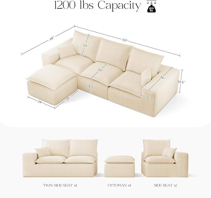 107" Comfy Cloud Couch with L-Shape Chaise & Deep Seat, Modular Sectional Sofa - Image 2
