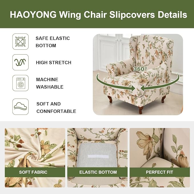 HAOYONG Wing Chair Slipcovers Stretch Wingback Chair Covers Printed 2 Pieces - Image 4