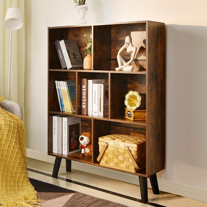 LEYAOYAO Cube Bookshelf 3 Tier Mid-Century Rustic Brown Modern Bookcase - Image 7